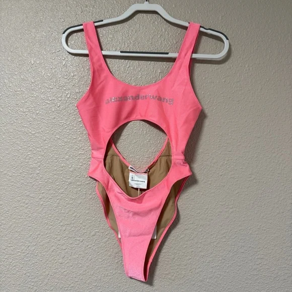 NWT Alexander Wang Rhinestone Logo Cutout Swimsuit Neon Pink One Piece Size S - Picture 4 of 10